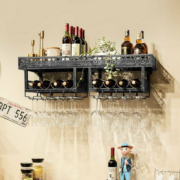 Miumaeov 2-Tier Wall-Mounted Metal Wine Rack Industrial Bottle Storage Shelf Glass Holder