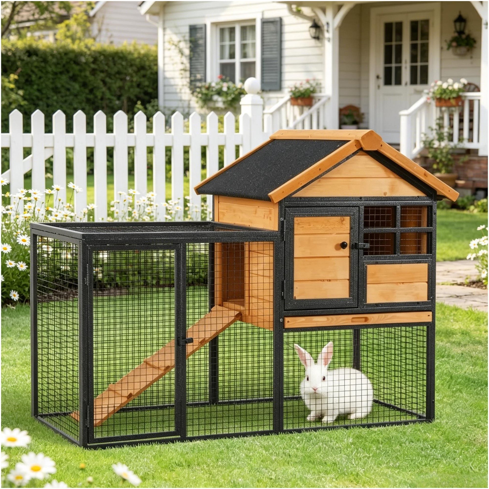 JERFIT Outdoor Rabbit Hutch with Lockable Doors, Elevated Fir Wood & Metal Cage for 2-4 Bunnies, Guinea Pigs, Chinchillas, Light Yellow, 48" L