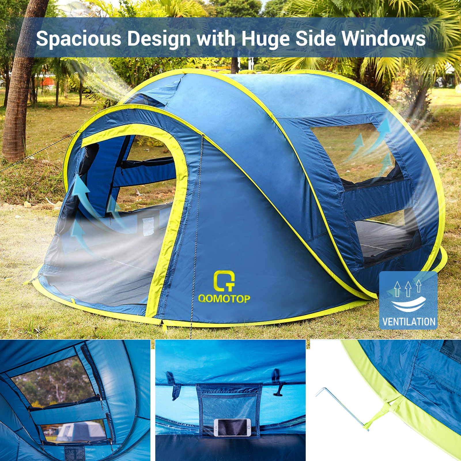 QOMOTOP Instant Tent 4-Person Camp Tent, Automatic Setup Pop Up Tent, Waterproof, Huge Side Screen Windows, Blue - image 4 of 8