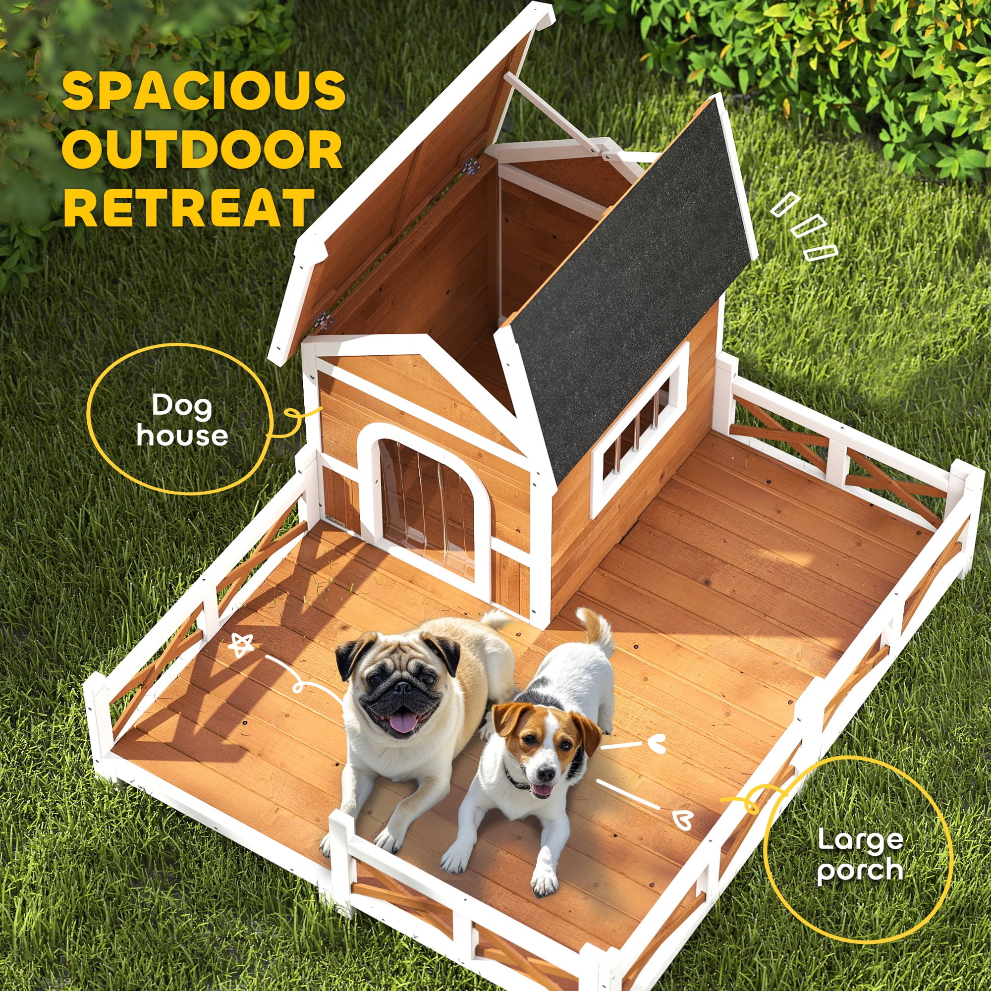 PawHut Outdoor Dog House, Wooden Dog Shlter with Large Porch, Weatherproof & Openable Roof, Elevated Base, Removable Floor