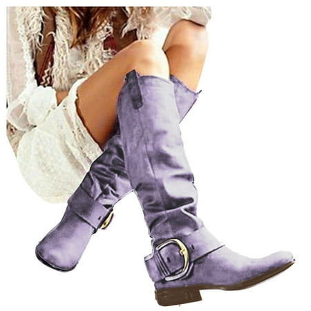 

Juebong 2023 Women s Footwear Fashion Knee High Riding Boots Boots Chunky Block Heels Leather Shoes Purple Size 6.5-7