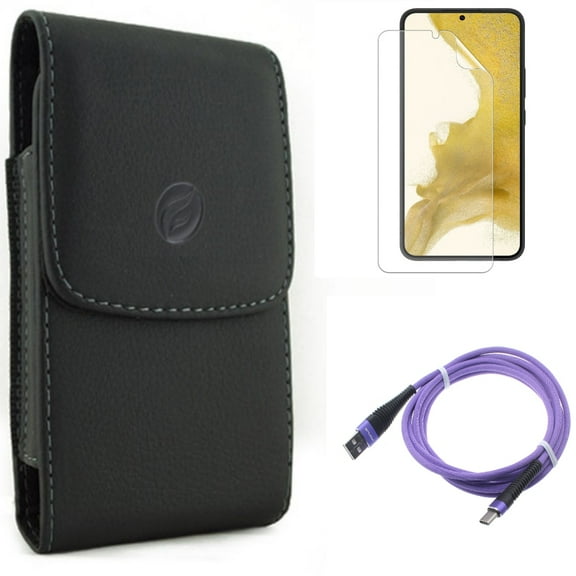 For Samsung Galaxy S21 (6.2") - Holster Leather Case Belt Clip   Type-C Purple 10ft USB Cable   Anti-Glare TPU Film Matte Screen Protector