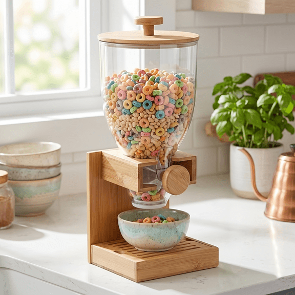 3.7QT 3.5LBamboo Cereal Dispenser Countertop,Dried Food Dispenser With Airtight Lid for Candy, Snack Bean, Oatmeal, Nut Grain Storage