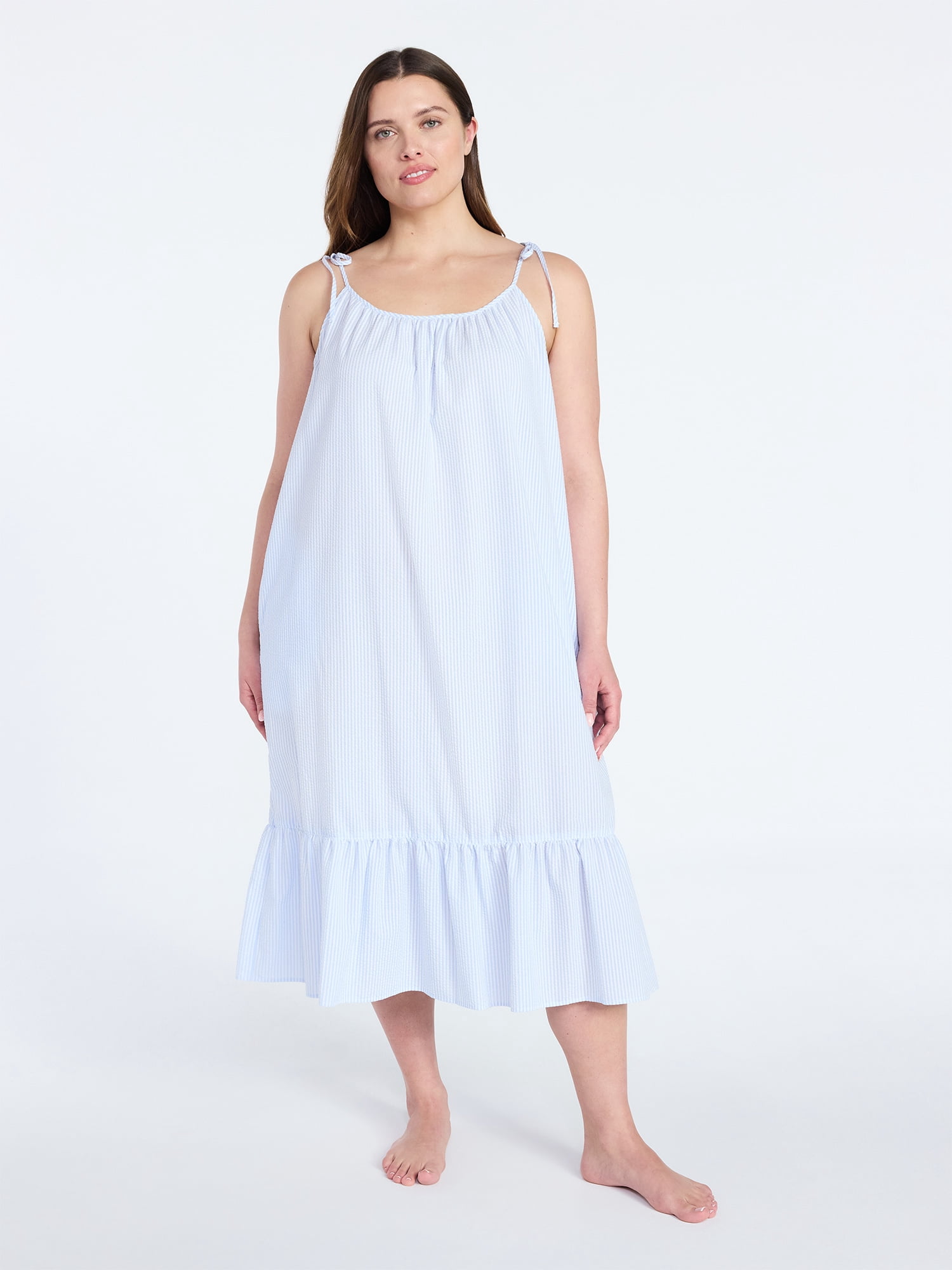 Joyspun Women's Seersucker Midi Sleep Gown with Shoulder Tie, Sizes XS to 3X