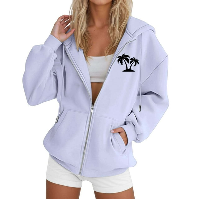 Women's Tree Print Zip Up Hooded Sweatshirt Casual Long Sleeve Drawstring Jacket with Full Zipper Comfortable Pullover Tops