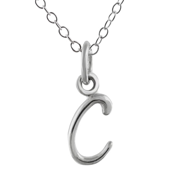 Sterling Silver Tiny Initial Letter C Charm Necklace, 18" Chain, Cursive Handwriting