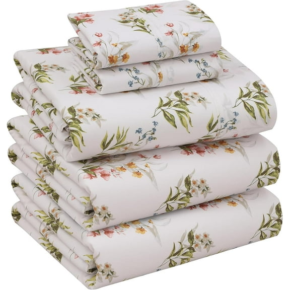 Split King Sheet Set, 100% Cotton Percale 5-Piece for Adjustable Beds, Soft & Breathable Deep Pocket (16") Hotel Style Cooling Bedding, Floral Bliss Design