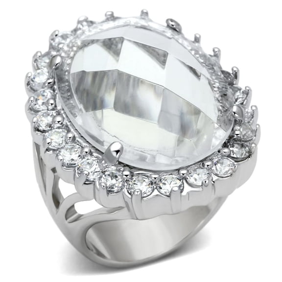 Women's Rhodium Plated Brass Ring with Oval Synthetic Glass - Size 5
