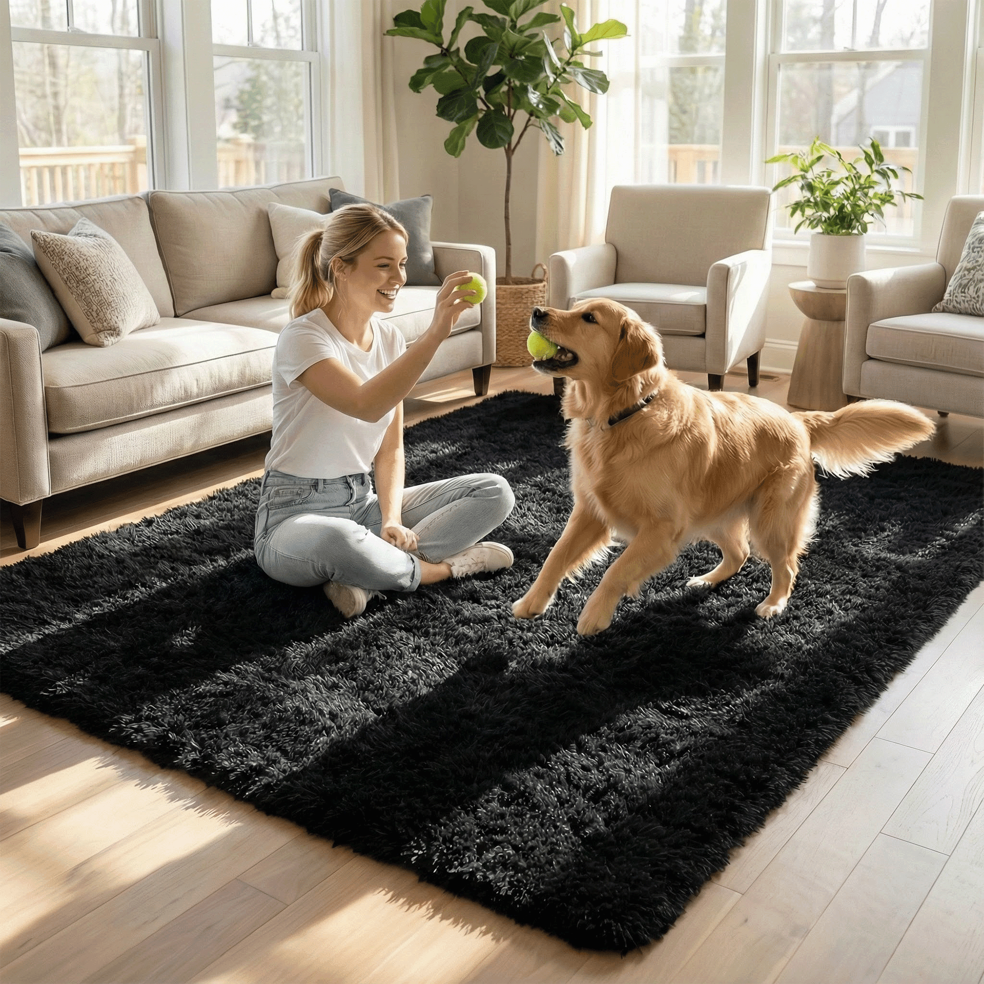 Rugs for Living Room, 4'x6' Soft Fluffy Area Rug for Bedroom, Plush Decorative Rug with Anti-Skid Backing, Indoor Home Carpet for Living Room, Black