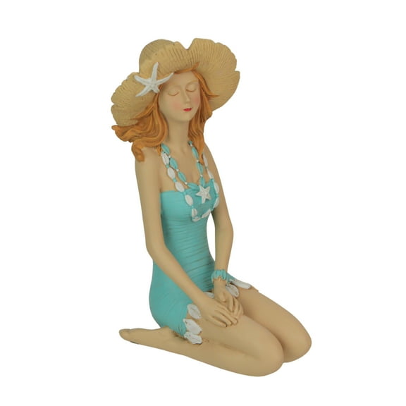 Fancy That Charming Redhead Retro Bathing Beauty Figurine – 7.75-inch High, Sitting with Starfish Embellished Swimsuit and Straw Sun Hat, Vintage Coastal Decor