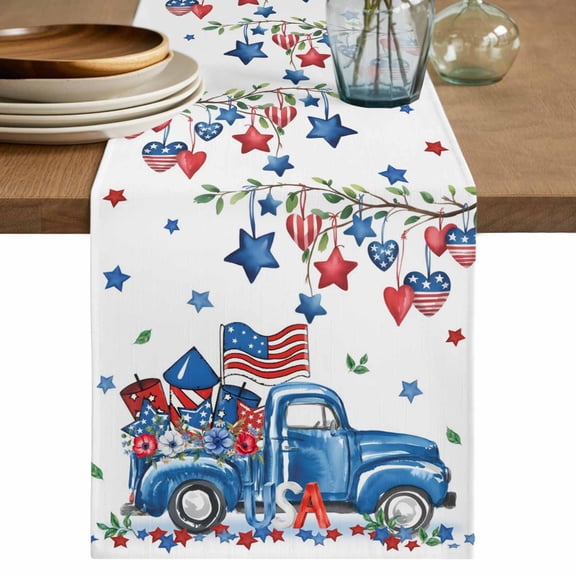 Table Runner 48 Inches Long for Kitchen Dining, Independence Day Dresser Scarf Farmhouse, Dining Table Decorations for Wedding/Parties, Farmhouse American Flag Truck Star Love 13 x 48 In