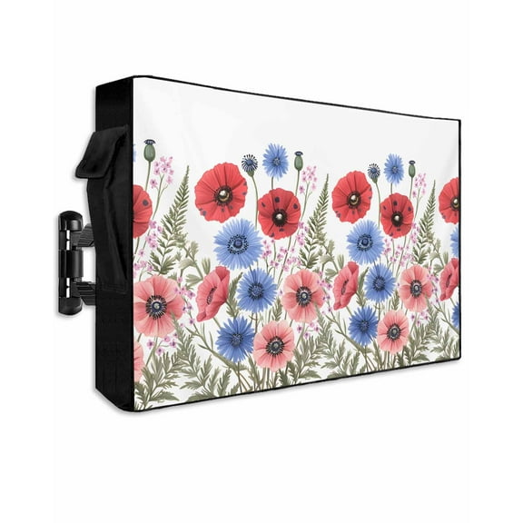 Red Poppy Flower Outdoor TV Cover 48 to 50 Inch Weatherproof, Blue Pink Floral Botanical Plant Leaf 600D Oxford TV Covers with Waterproof Zipper, Outside Flat TV Screen Protector Size 48"Wx30"Hx4.5"D