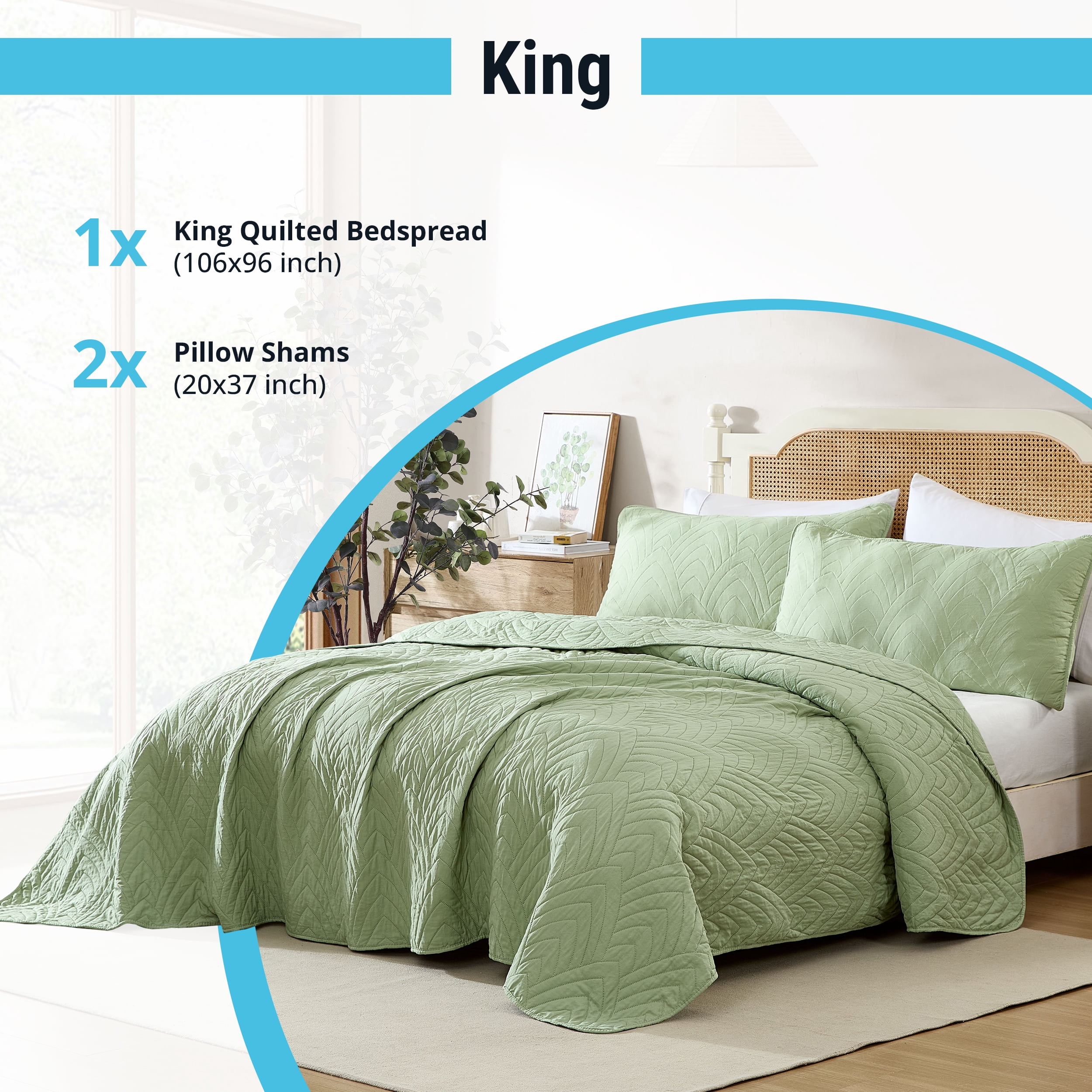 THD Winston - 3 Piece King Size Quilt Set, Lightweight King Bedspread Coverlet Set (King, Sage Green)