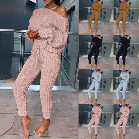 Lovskoo Women's Sweater Set Trendy Casual Solid Color Shirtslong Sleeve Round-Neck Blouses Sets Black