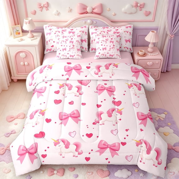 Manfei Pink Girly Bowtie 7-Piece Twin Bedding,3D Cartoon Unicorn Bedding Comforter Set,Pink Reversible