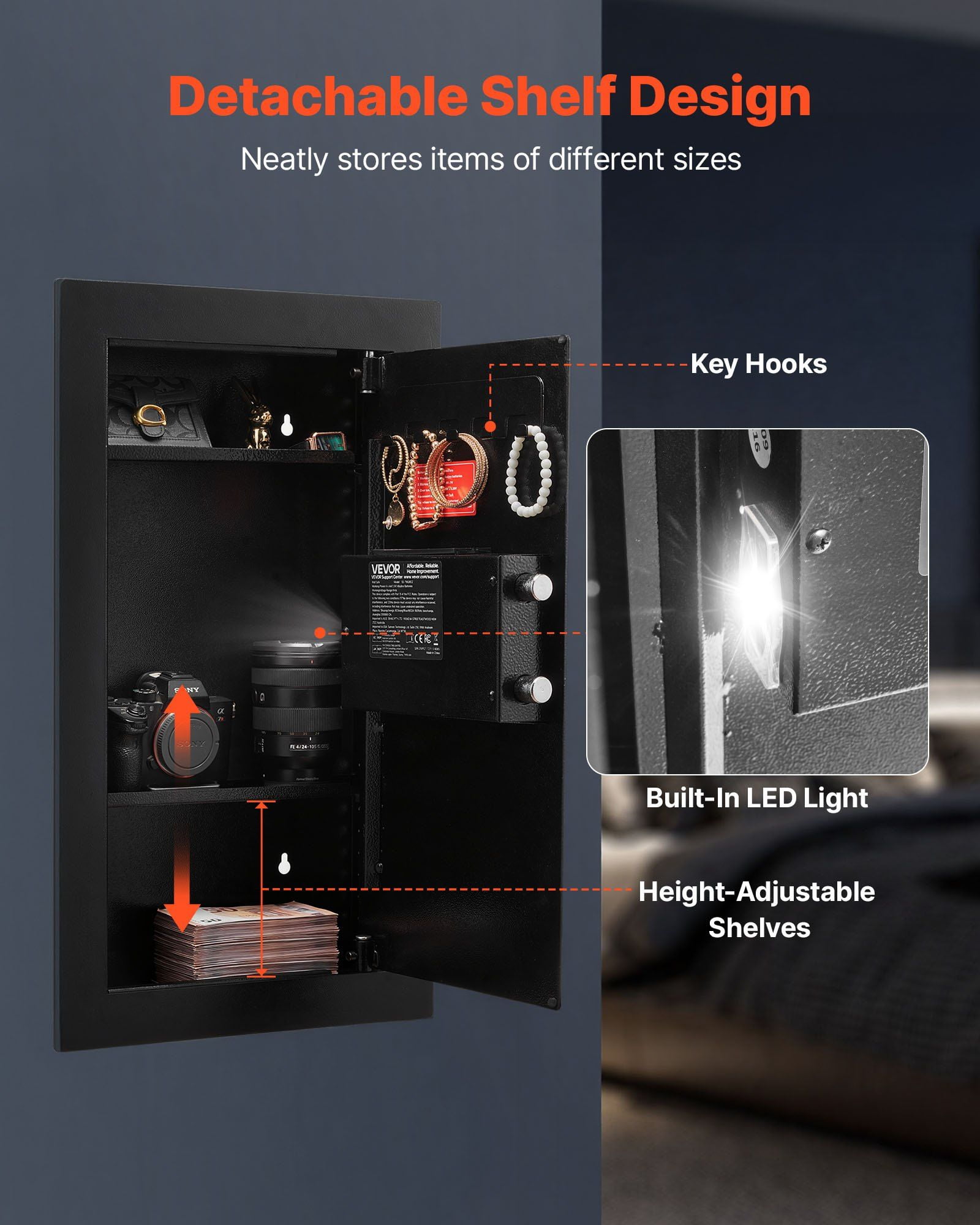 Wall Mounted Hidden Safe 3 Tier Password Key Lock Q235 Cold Rolled Steel In Wall Box LED Light 2 Adjustable Shelves 5 Key Holders for Money Jewelry Passport Black