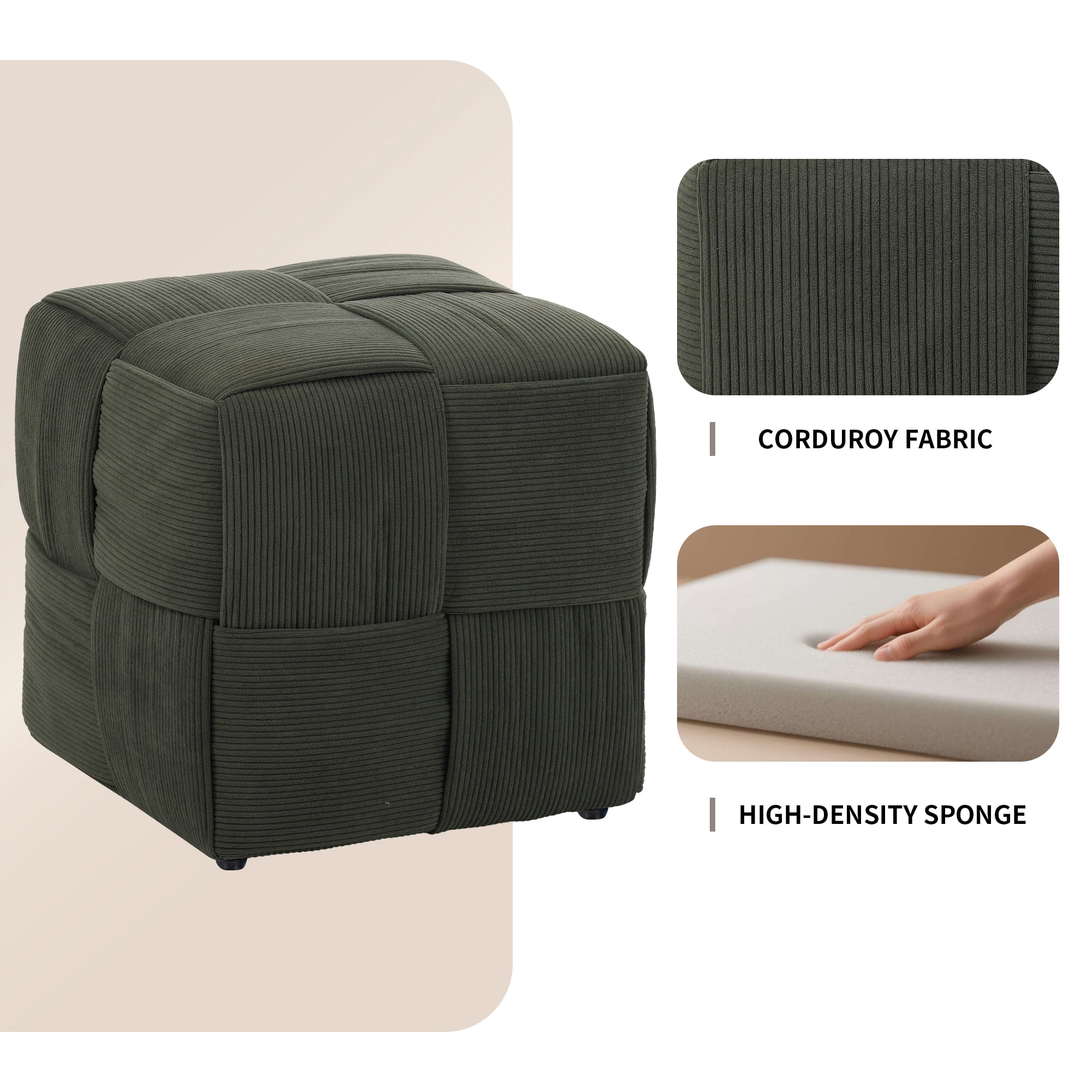 Ottoman Foot Rest, Soft Comfortable Square Corduroy Woven Design, Multi-Purpose Footrest Floor Seat Vanity Stool for Living Room Bedroom Nursery, No Installation Required, Green