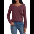 thumbnail image 2 of Camisetas con Cuello en V para Mujer, Blusas de Encaje de Larga, Holgadas, Elegantes e Informales, para Otoño e Invierno, A . Vino Tinto L, 2 of 8