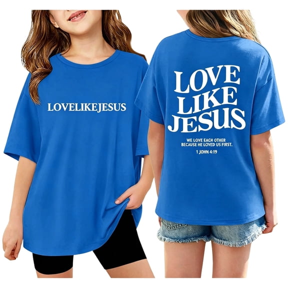 CCRFTGI Love Like Jesus Cute Tops for Kids Girls Boys Size 10-12 Short Sleeve Letter Tween Girls Trendy Clothes Tee Tops Summer Casual Loose Comdy Crew Neck T-Shirts Light Blue 5-7 Years