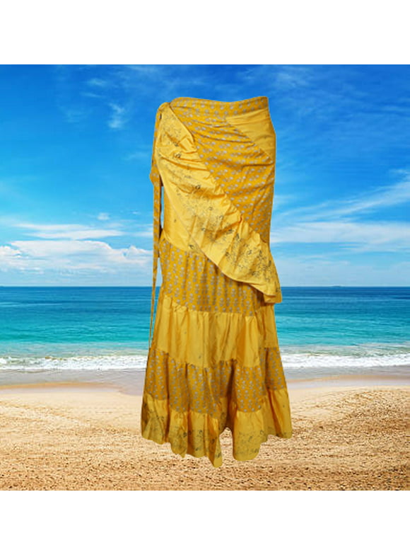 Womens Silk Sari Ruffle Wrap Skirt, Yellow Tiered Maxi Skirt, Handmade Belly Dance Beach Party Long Skirts One size