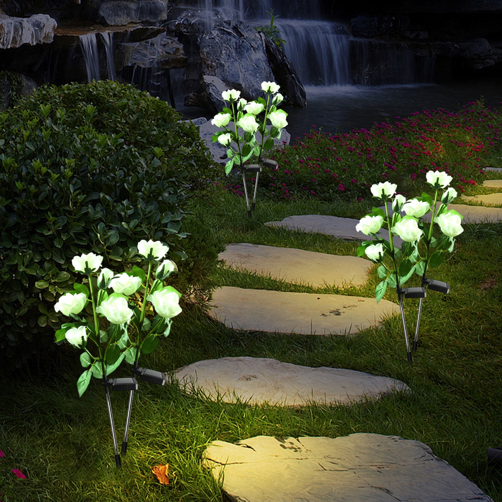 Solar Garden Lights Outdoor, 2 PackSolar Flower Lights Outdoor Waterproof with 16 Rose, 2 Modes Realistic Rose Flower for Yard, Pathway, Garden Decor & Gardening Gift