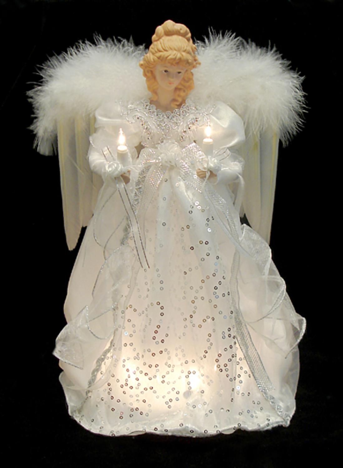 14" Ice Palace Lighted White & Silver Angel Christmas Tree Topper
