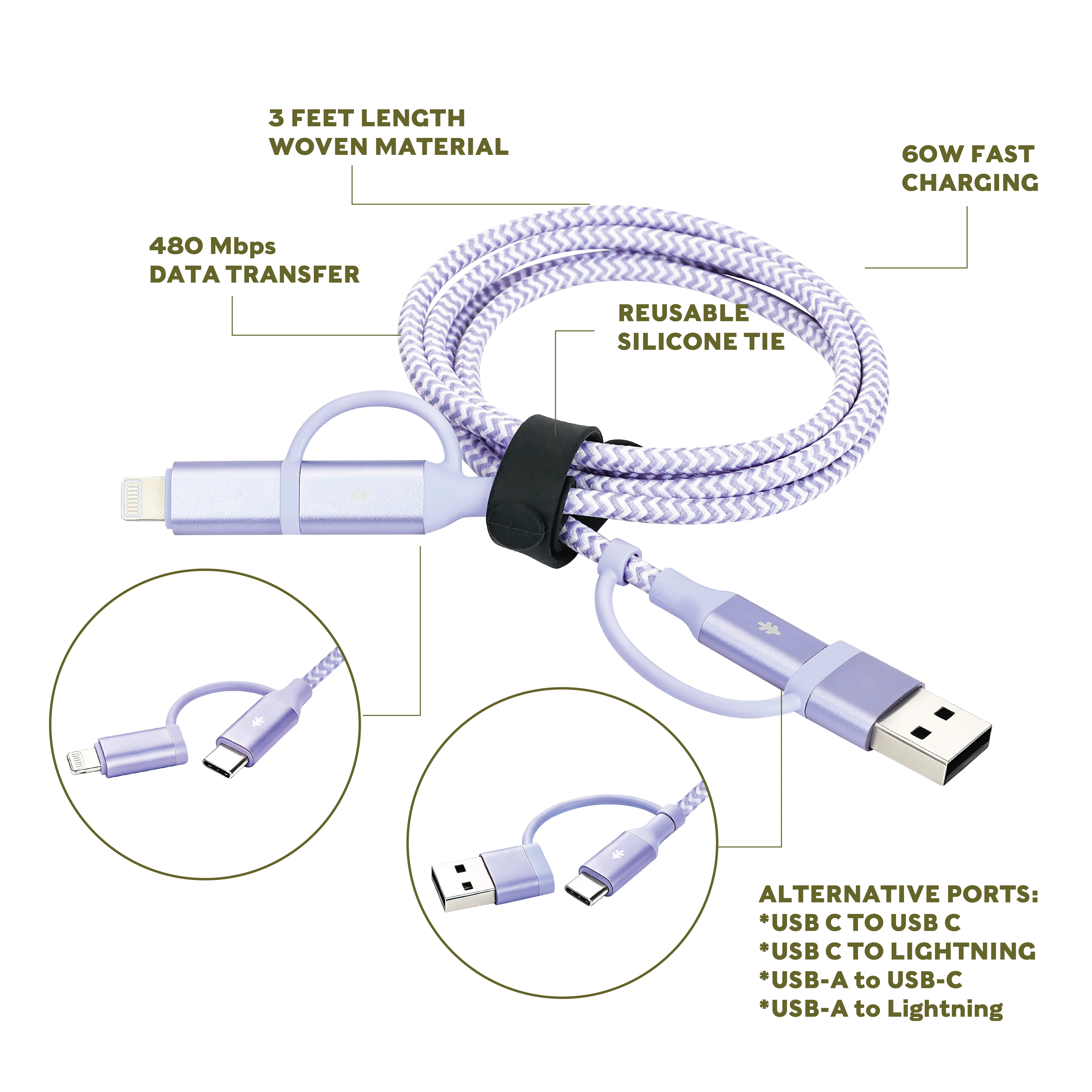 Swiss Tech Kabel T60 3 ft 60W 4-in-2 USB-C to USB-C/Lightning Charging Cable, Myrtle Purple