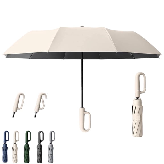 Creative Ring Buckle Windproof Reinforced Umbrella, Travel Umbrella with Carabiner Handle, With Dual-Rib Structure, Portable Compact, Reflective Strip, Upf 50  Fold, Windproof