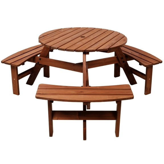 Wooden Picnic Table with 3 Built-in Benches,6 Person Kids Picnic Table, with Umbrella Hole