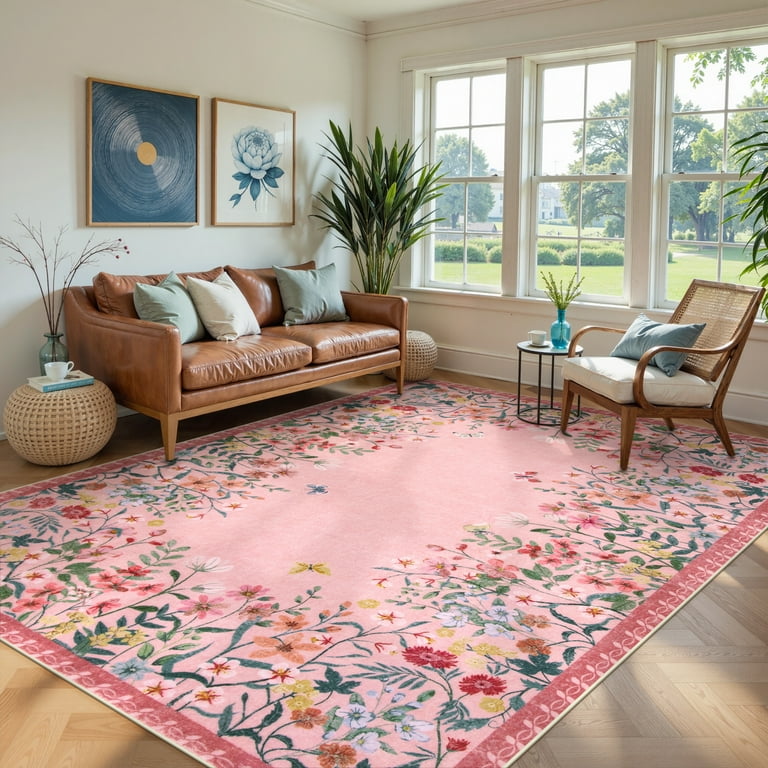 Wonnitar 8x10 Floral Living Room Rug,Washable Pink Rugs for Girls