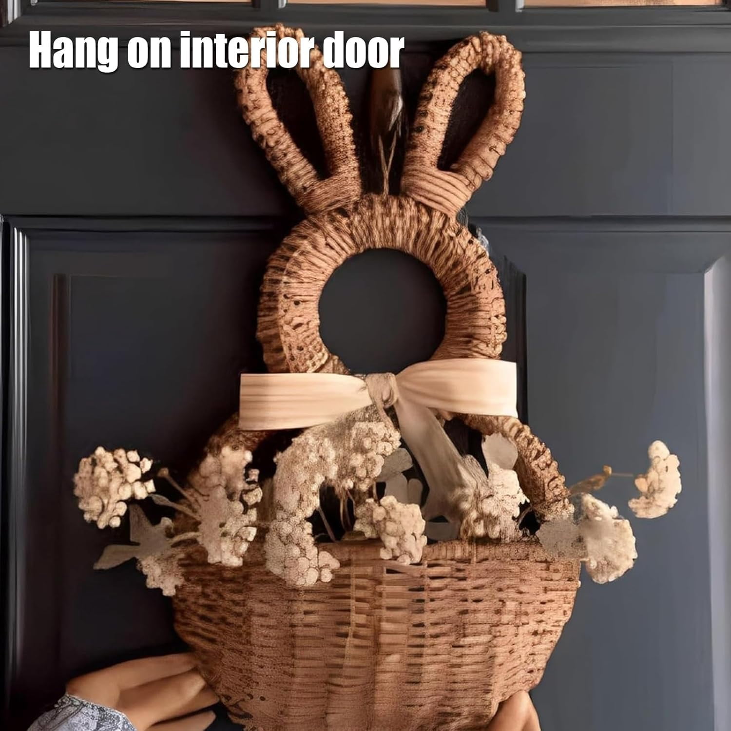 Bunny Basket Hanging Wall Pocket Spring Decor, Hand Woven Wicker Easter Basket Hanging Ornament, Handmade Wicker Easter Candy Eggs Baskets for Easter Eggs Storage (1PCS)