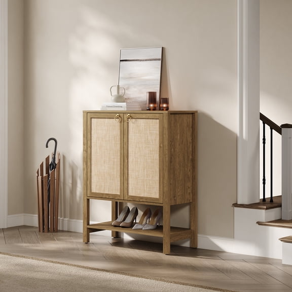 SICOTAS 31.5"W Boho Shoe Cabinet with 2 Rattan Doors, Boho, Cherry Oak Coastal Shoe Storage Organizer with Adjustable Shelves & Open Storage for Hallway Foyer Living Room