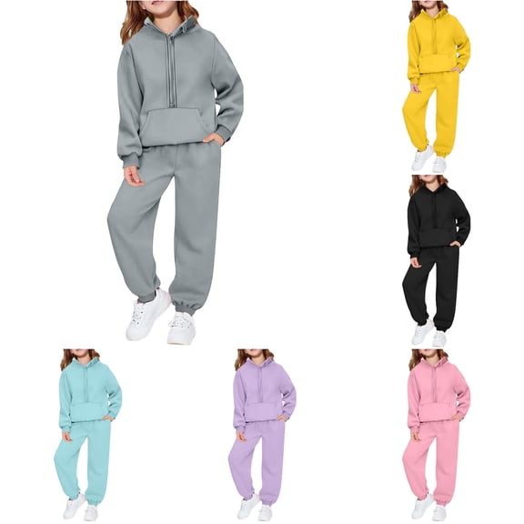 RUTAYY Girls Tracksuit Solid Color Half Zip Pocket Hoodie Jogger Pants 2 Piece Outfit Set Grey