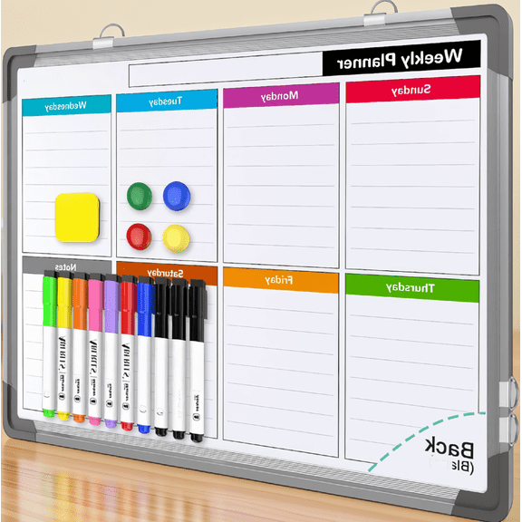 1 Set 16x12 Inch Double-Sided Magnetic Dry Erase Weekly Calendar Whiteboard with Markers, and Eraser