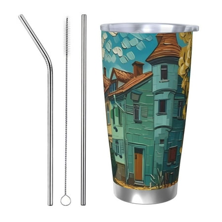 

Goofa Impressionist Village Sky for 20 oz Skinny Tumbler Stainless Steel Coffee Mug Slim Vacuum Insulated Travel Cup Car Cup-Straw Three-piece Set