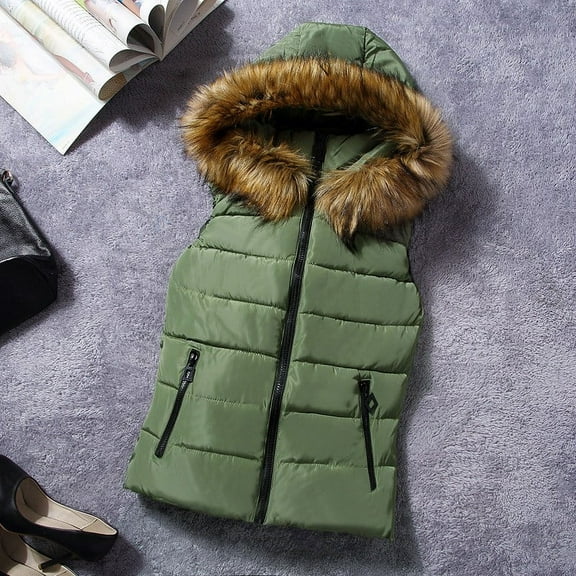 BVOFAR Quilted Jackets for Women Soft Faux Fur Hooded Vest Coats Casual Sleeveless Zip Up Jacket with Zipper Coat Winter Warm Outwear