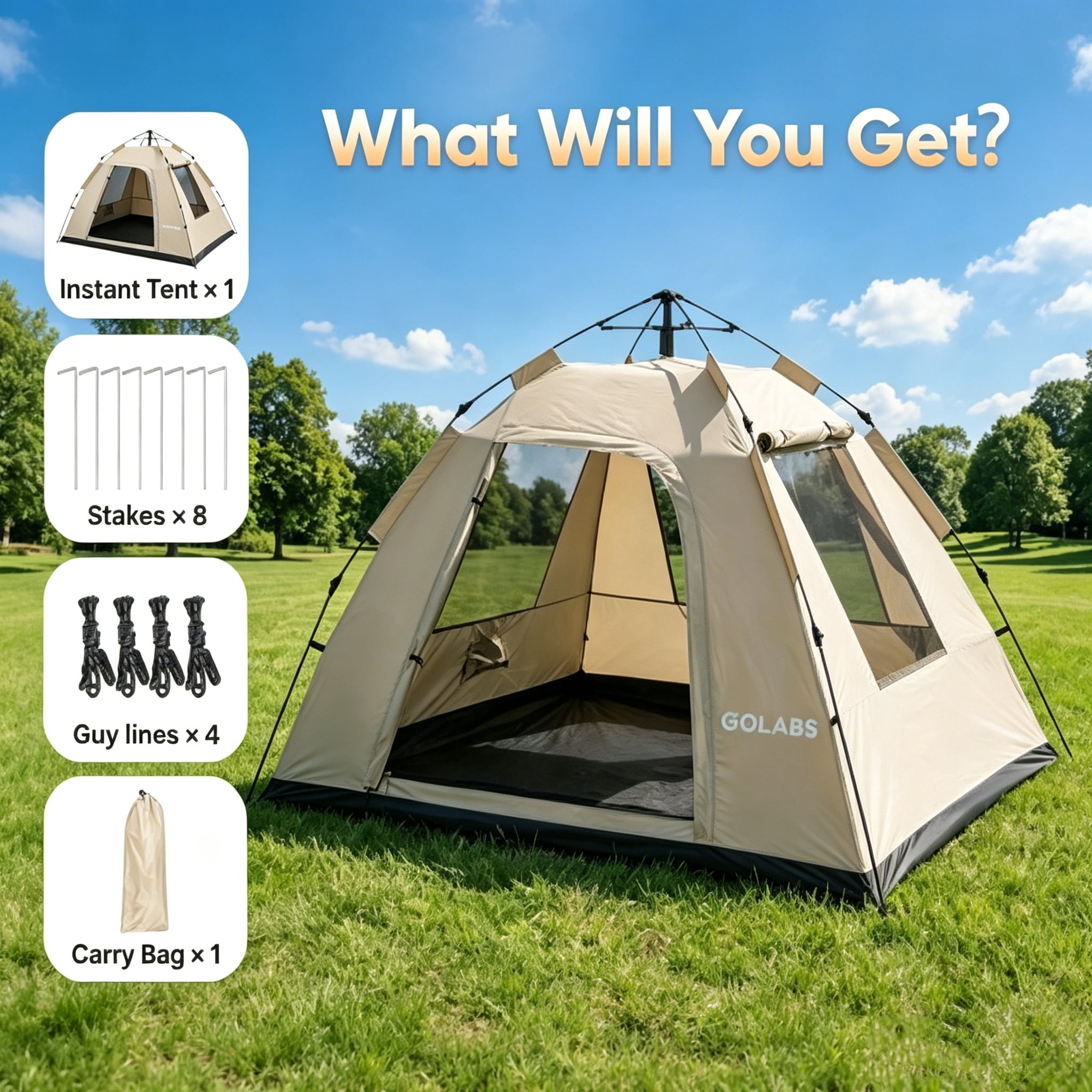 Golabs CT3 2-Person Instant Camping Tent, 4.8lbs Lightweight, Portable, Easy 1-Minute Setup Pop-Up Tent for Outdoor, Khaki
