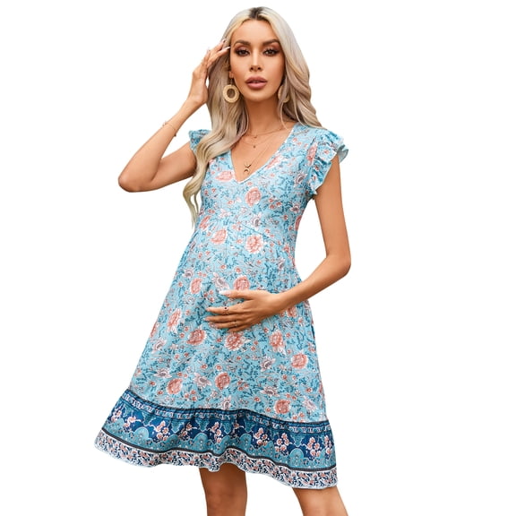Yesfashion Women's Maternity Dress Small Flying Sleeves V Neck A Line Patchwork  Pregnancy Dresses