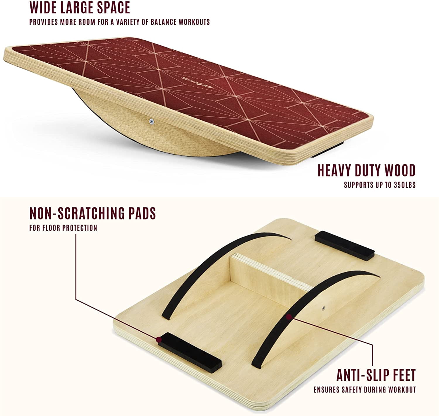 Standing Boad Balance Board Yes4All Wooden - 350 Lb Capacity, Anti-Slip Surface, For ...