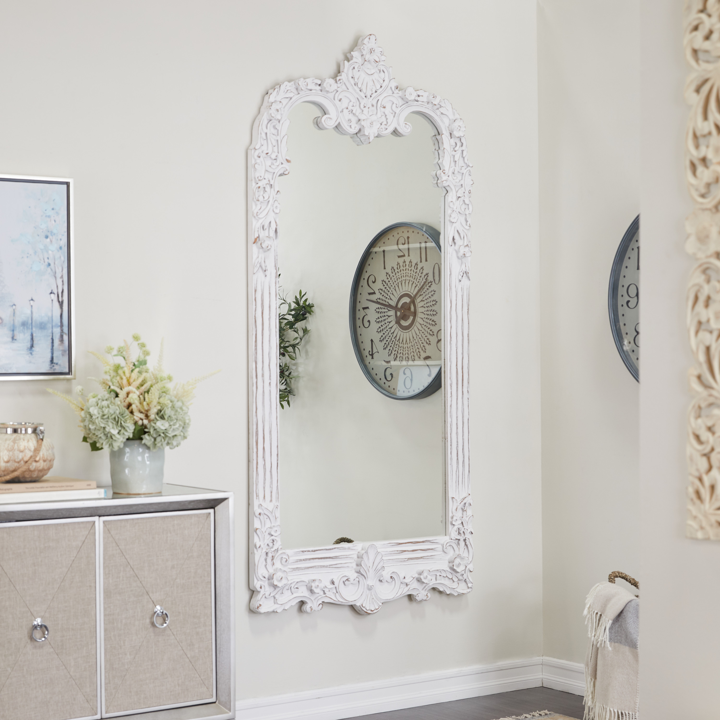 DecMode 36" x 77" White Intricately Carved Acanthus Floral Wall Mirror