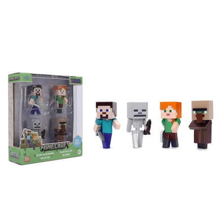 Minecraft Metalfigs 4-Pack – 2.5″ Die-Cast Collectible Figures by Jada Toys – Wave 4 Set Featuring Steve with Sword Alex with Axe Skeleton & Villager
