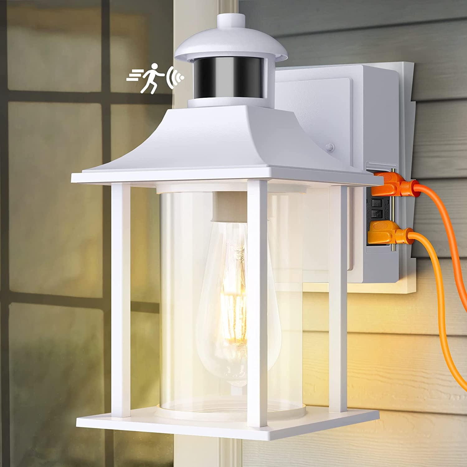 Outdoor Porch Light White with GFCI Outlet for House,Dusk to Dawn