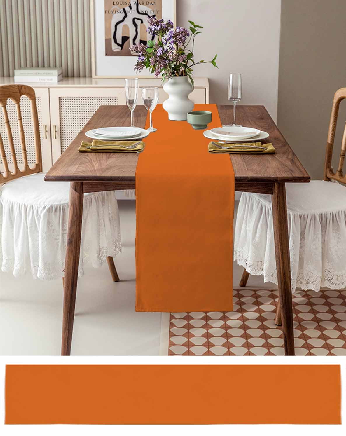 ERUNPONLY Orange Table Runner - 48 Inch Long Pure Orange Cotton and Linen Blended Dress Scarves Farmhouse Table Runner for Kitchen Dining, Coffee Table, 13" x 48"