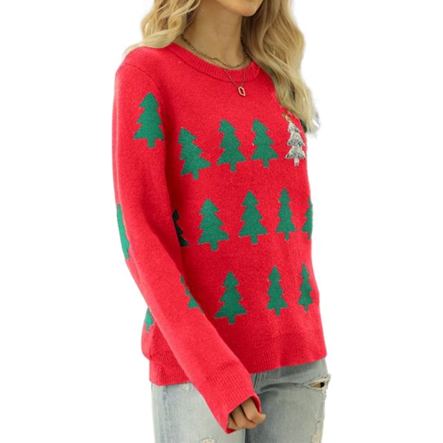 Suéter Jerseys básicos para mujer Traje de vacaciones con patrón de árbol de Navidad informal (Rojo XL) Ygjytge Rojo T XL para Mujer