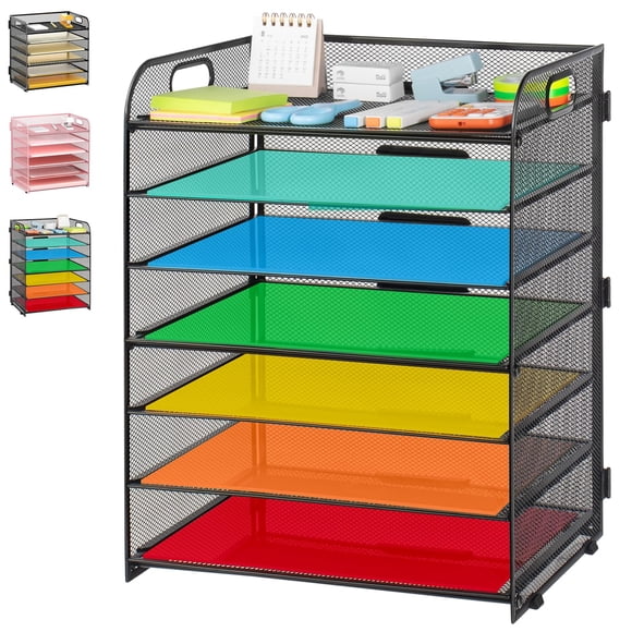 KIROGILY Organizador de Escritorio 7 Capas con Asa, Caja Almacenamiento Organizador Escritorio Malla, Organizador Papel Bandejas para Utiles Escolares de Oficina