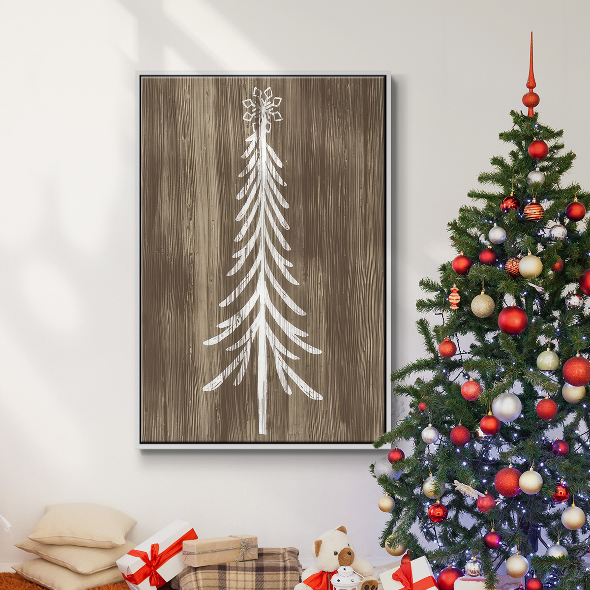 Barnwood Wonderland IX - Framed Gallery Wrapped Holiday Canvas - 17 x 25 - White Frame