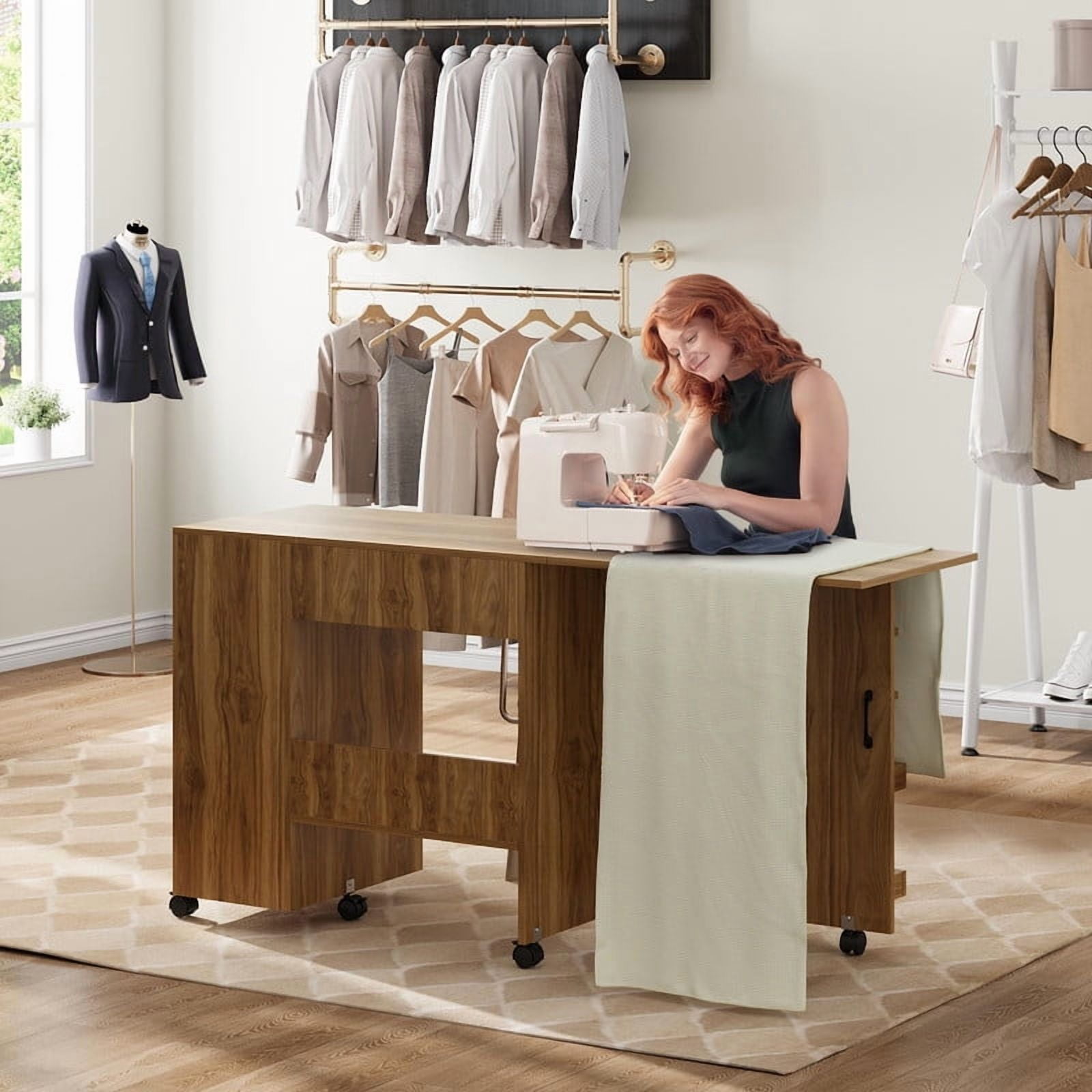 TROPOW Space-Saving Folding Sewing Machine Table for Entryway – Multi-Functional Craft Cabinet with Storage Shelves, Sliding Drawer, Lockable Wheels – Compact Rolling Organizer Desk