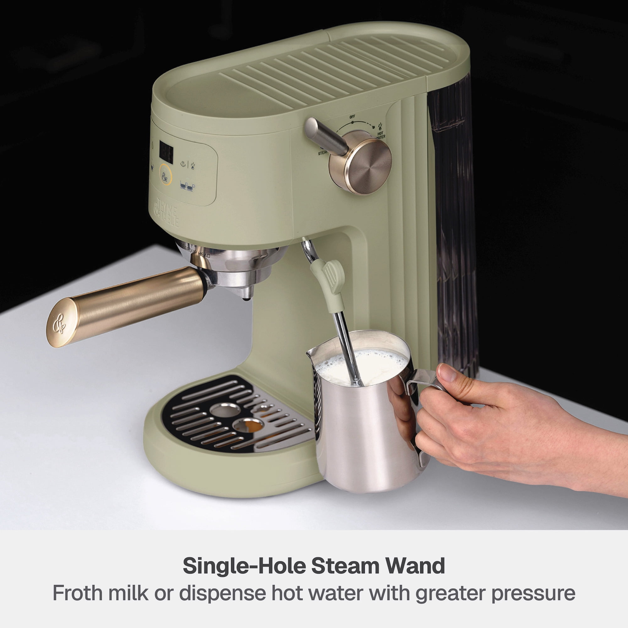 Thyme & Table Barista Mini Espresso Machine with 15-Bar Pressure and Steam Wand, Eucalyptus Green