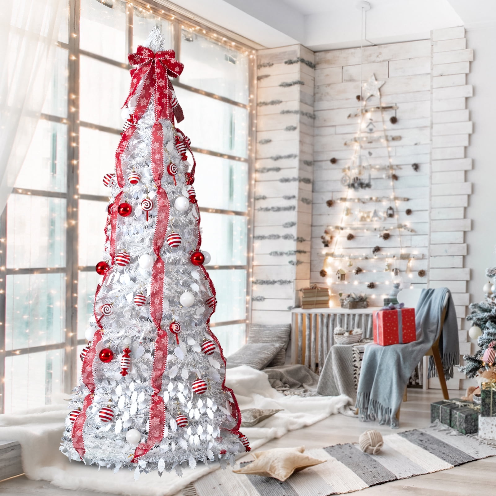 Astoutdoor 7 ft Pre-Lit Pop-Up Christmas Tree, White PVC with 170 Warm Lights and Red Ornaments
