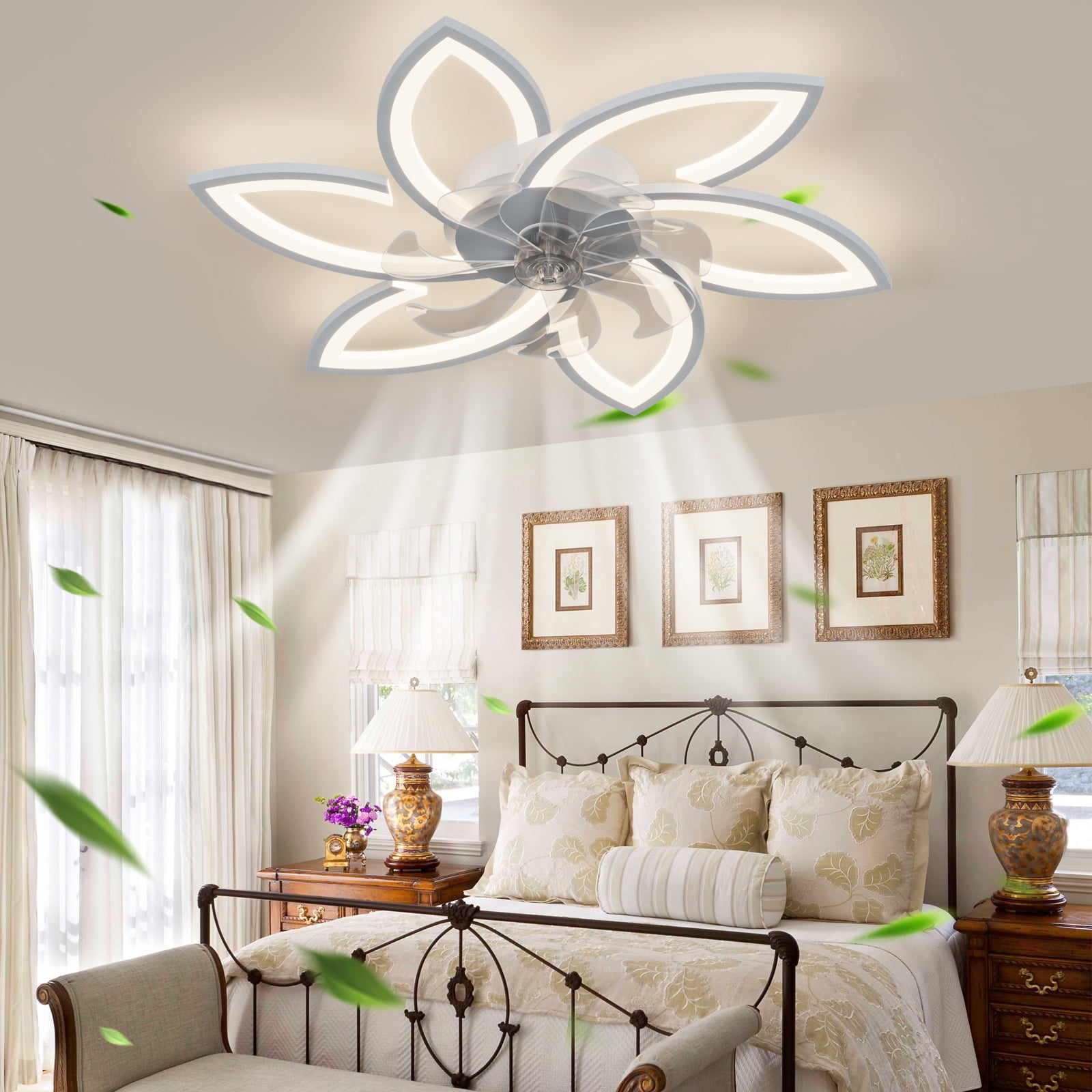 Eowynic 31-Inch Modern Flush Mount Ceiling Fans with Lights, APP/Remote Control, DC Motor, 6 Speeds, White